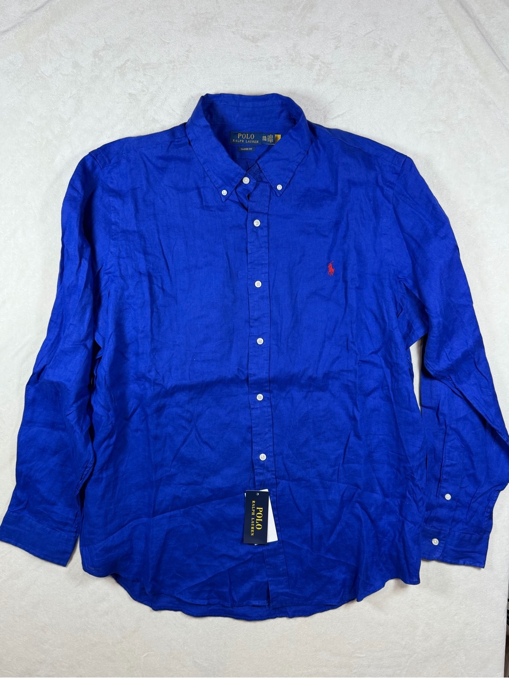 NWT Polo Ralph Lauren XXL 100% Linen Deep Blue Button-Down Shirt with Red Pony